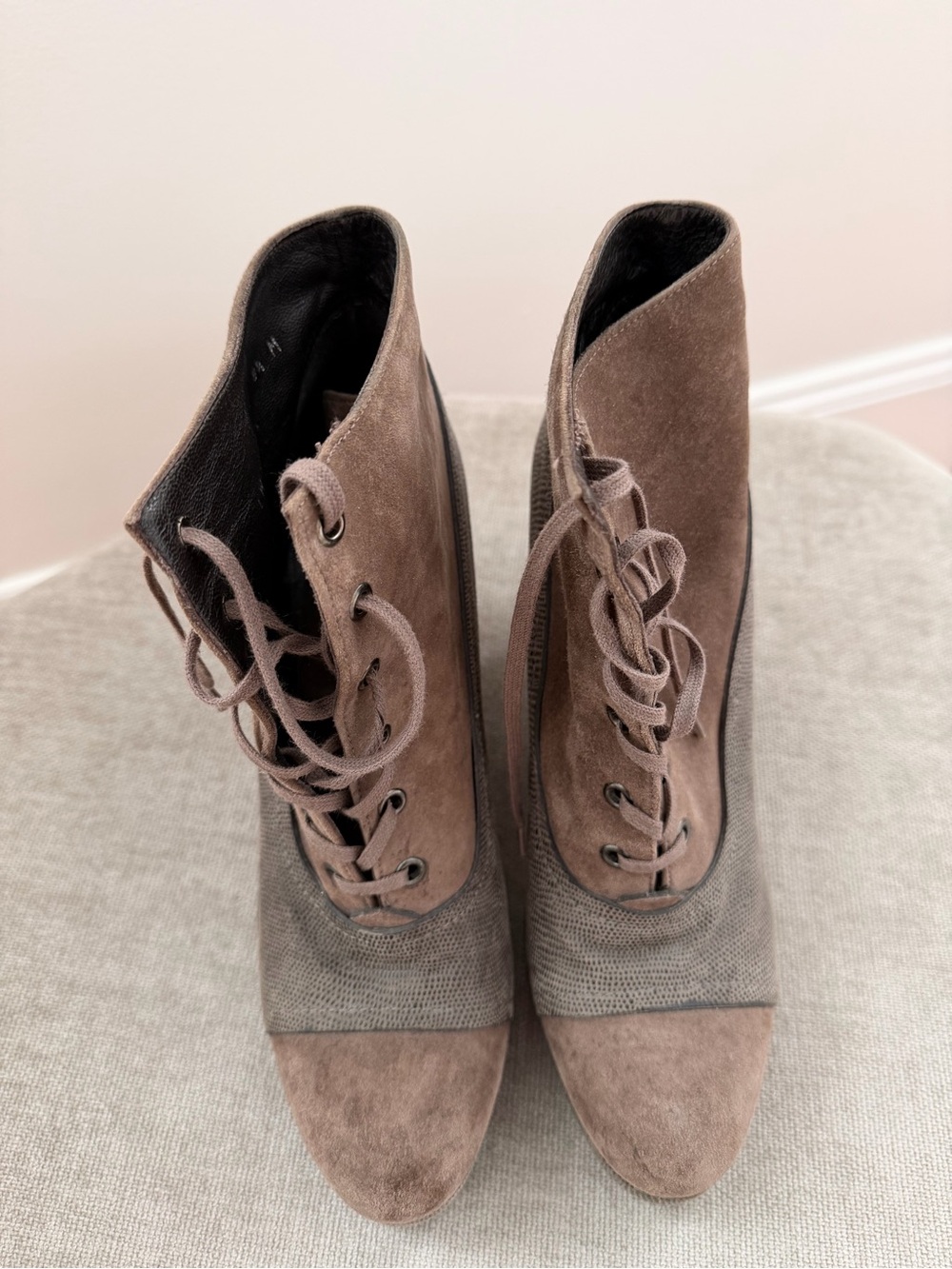 Stuart Weitzman Taupe Suede Lace-Up Ankle Boots